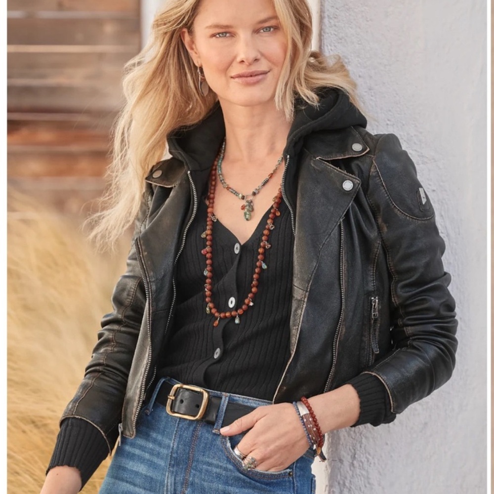 Sundance Mauritius Distressed Removable Hood Cropped Black Leather Jacket NWT